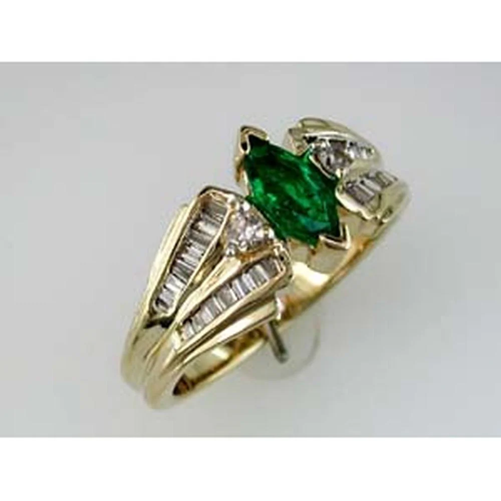 14K Yellow Gold Emerald & Diamond Ring with Marquise Emerald and Baguette & Round Diamonds - 1.00 Carat Total Gem Weight - Royal Jewelry