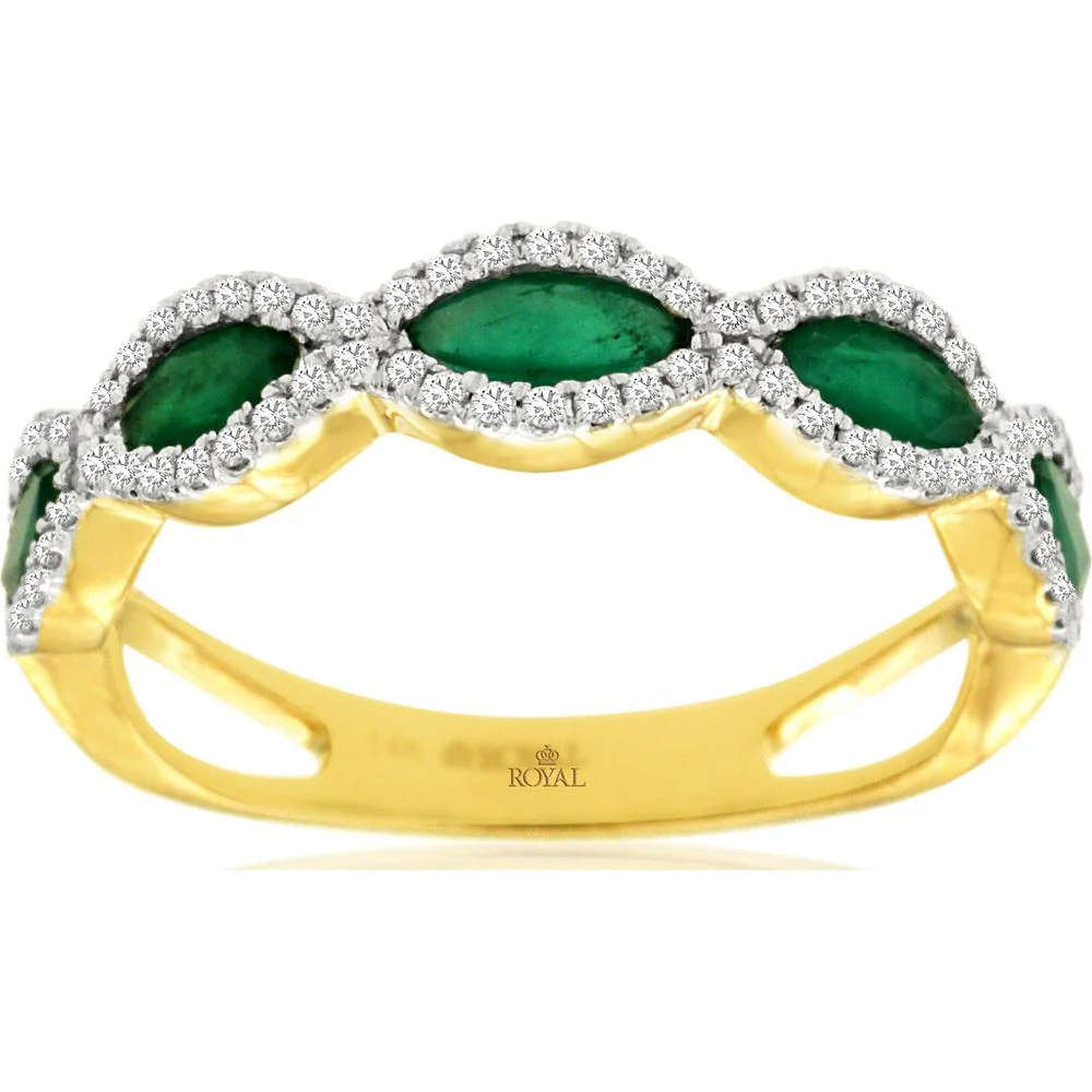 14K Yellow Gold Emerald & Diamond Ring with Marquise Emeralds and Diamond Halo - 1.00 Carat Total Gem Weight - Royal Jewelry