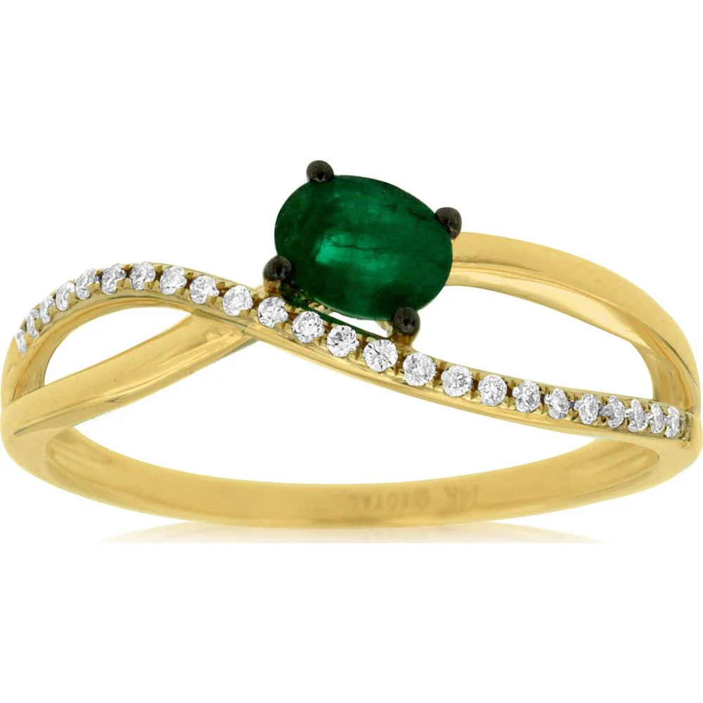 14K Yellow Gold Emerald & Diamond Ring with Oval Cut Emerald - 0.32 Carats Emerald Weight - Royal Jewelry
