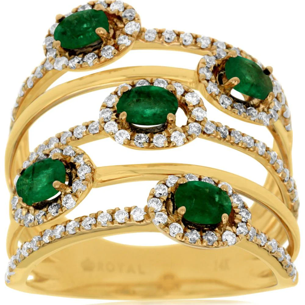 14K Yellow Gold Emerald & Diamond Ring with Oval Emeralds and Diamond Accent - 4.25 Carats Total Carat Weight - Royal Jewelry
