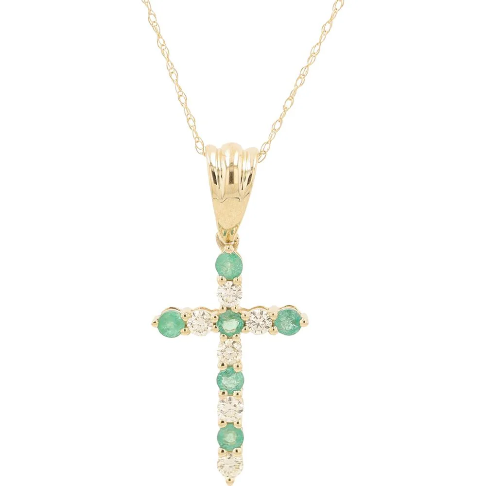 14K Yellow Gold Emerald Cross Pendant with Diamond Accent - 0.25 Carat Total Emerald Weight