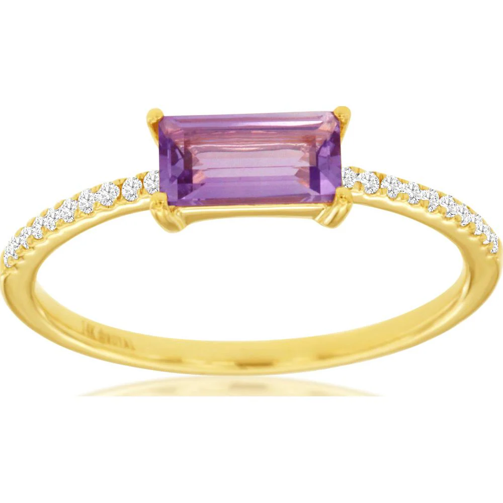 14K Yellow Gold Emerald Cut Amethyst and Diamond Accent Ring - 0.50 Carat Amethyst, 0.08 Carat Total Diamond Weight - Royal Jewelry