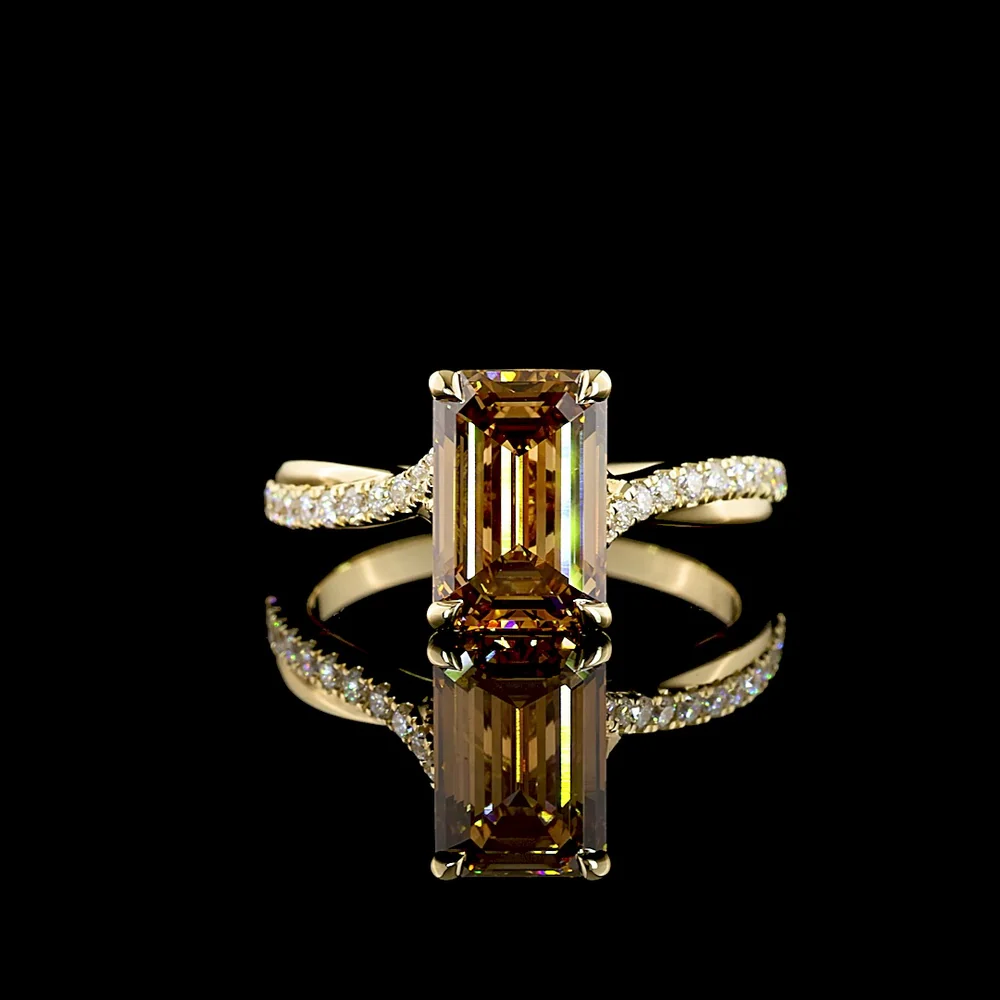 14K Yellow Gold Emerald Cut Cognac Lab Diamond Solitaire Shank Ring - 2.81 Carat Total Diamond Weight - Covaloro Fine Jewelry