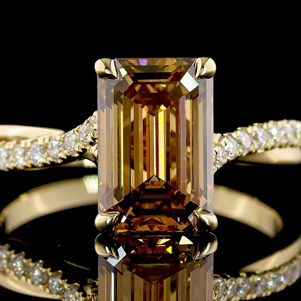 14K Yellow Gold Emerald Cut Cognac Lab Diamond Solitaire Shank Ring - 2.81 Carat Total Diamond Weight - Covaloro Fine Jewelry - Image 2
