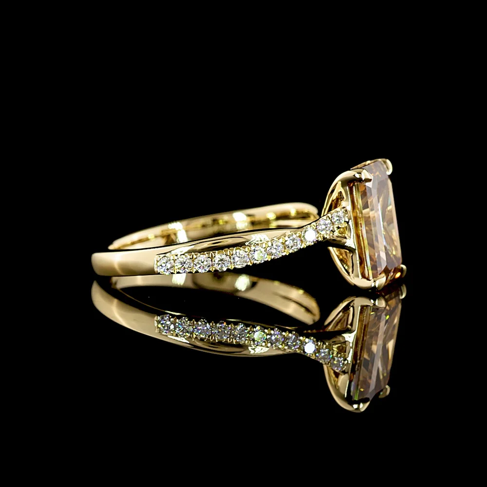 14K Yellow Gold Emerald Cut Cognac Lab Diamond Solitaire Shank Ring - 2.81 Carat Total Diamond Weight - Covaloro Fine Jewelry - Image 3