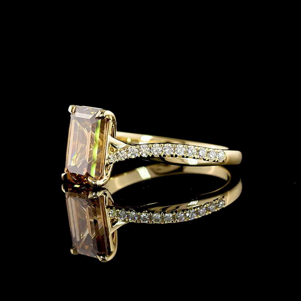 14K Yellow Gold Emerald Cut Cognac Lab Diamond Solitaire Shank Ring - 2.81 Carat Total Diamond Weight - Covaloro Fine Jewelry - Image 4