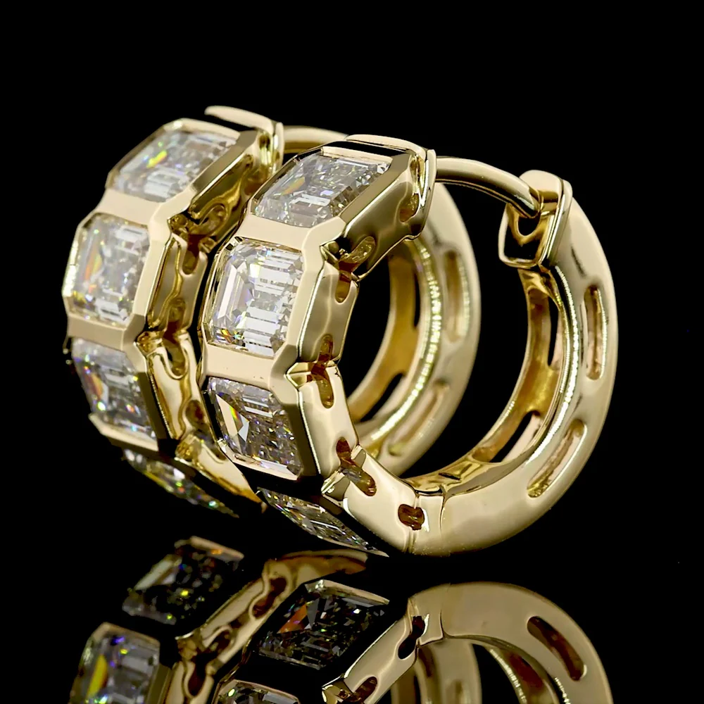 14K Yellow Gold Emerald Cut Diamond Huggie Earrings - Bezel Set with 3.68 Carats Total Weight Natural E-F VS+ Diamonds - Covaloro Fine Jewelry - Image 3