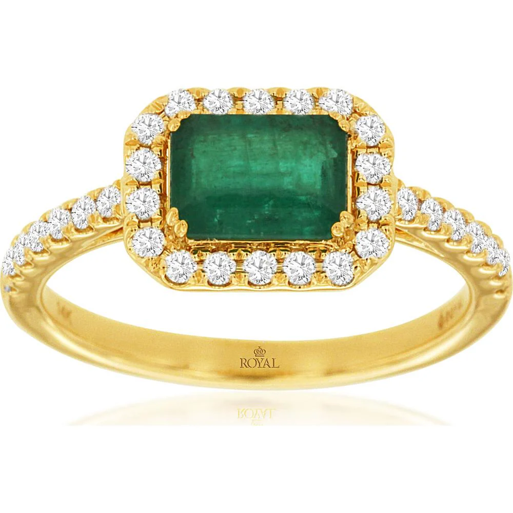 14K Yellow Gold Emerald Cut Emerald and Diamond Halo Ring - 1.00 Carat Emerald and 0.33 Carat Total Diamond Weight - Royal Jewelry