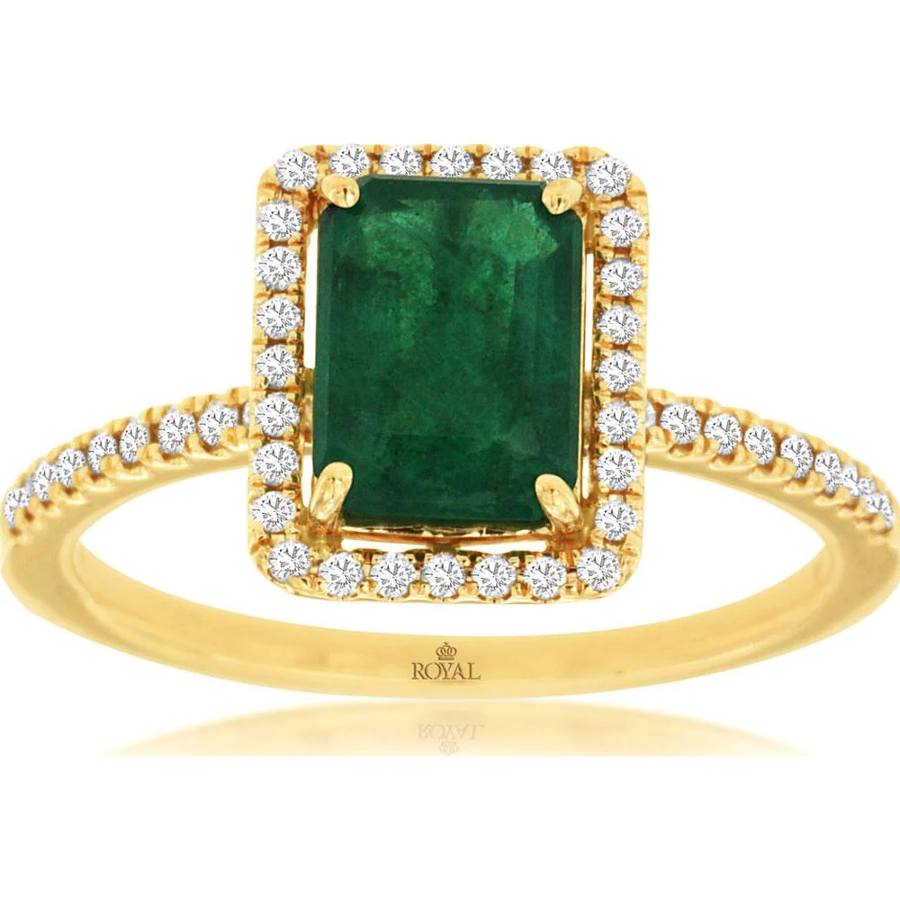 14K Yellow Gold Emerald Cut Emerald & Diamond Halo Ring – 1.60 Carat Emerald, 0.20 Carat Diamonds, Milgrain Detail - Royal Jewelry