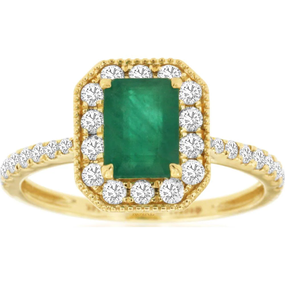 14K Yellow Gold Emerald Cut Emerald and Diamond Halo Ring with Milgrain Detail and Pavé Band - 1.00 Carat Emerald Center, 0.50 Carat Total Diamond Weight - Royal Jewelry