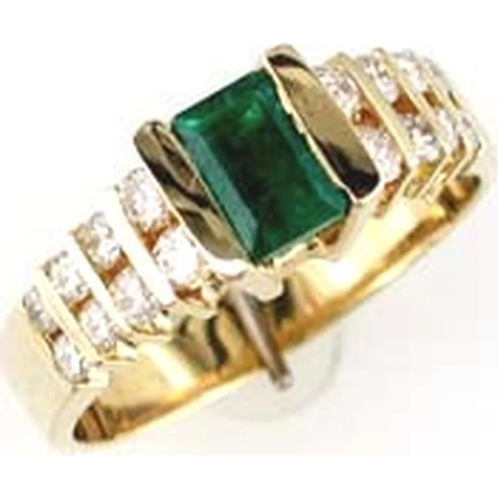 14K Yellow Gold Emerald Cut Emerald and Round Diamond Accent Ring - 0.50 Carat Emerald and 0.60 Carat Diamond Total Weight - Royal Jewelry