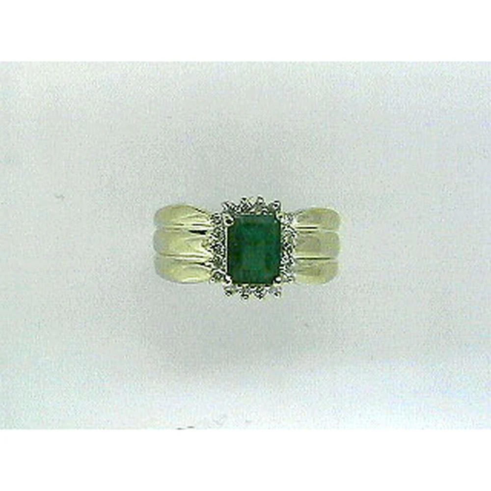 14K Yellow Gold Emerald Cut Emerald and Round Diamond Halo Ring - 0.90 Carat Emerald and 0.22 Carat Diamond Total Weight - Royal Jewelry