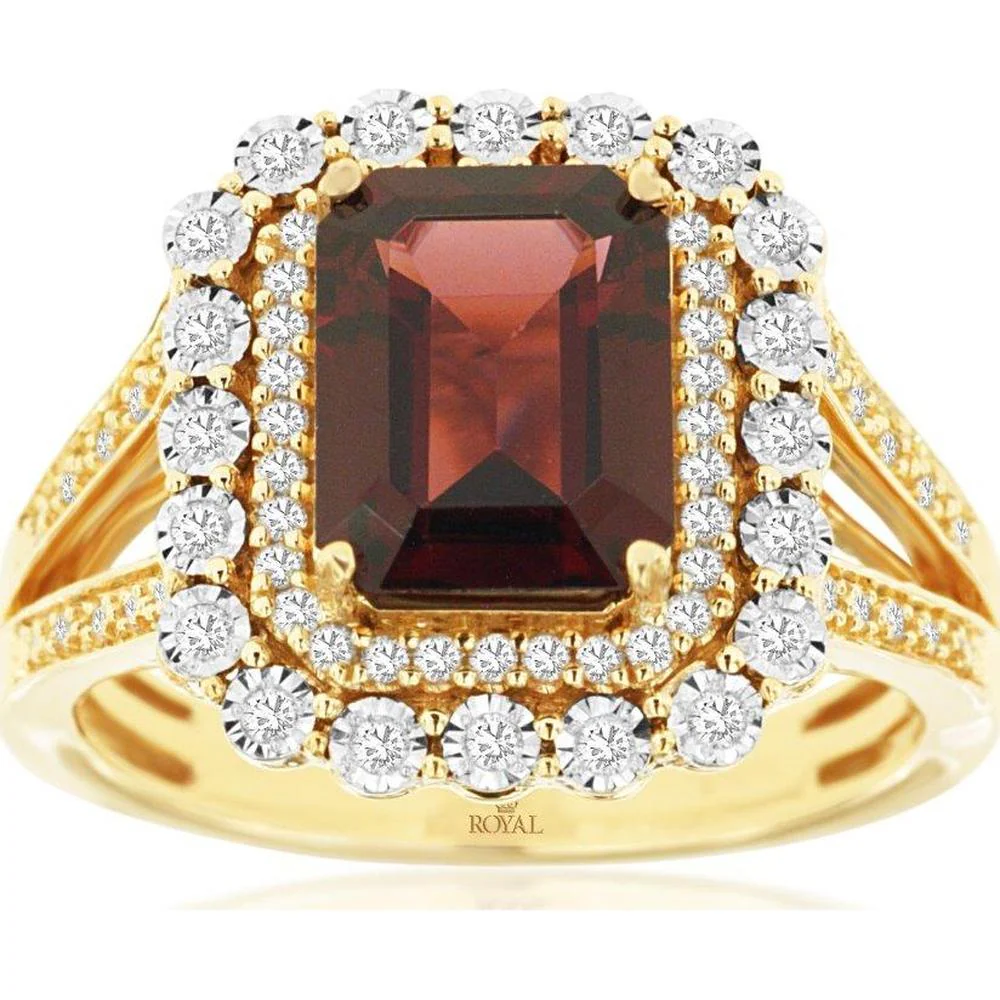 14K Yellow Gold Emerald Cut Garnet and Double Halo Diamond Ring with Milgrain Detail and Split Shank - 2.50 Carat Garnet, 0.33 Carat Total Diamond Weight - Royal Jewelry