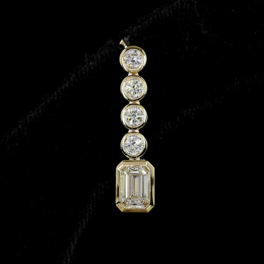 14K Yellow Gold Emerald Cut Hanging Earrings with Bezel Set Brilliant Cut Lab Diamonds - 2.55 Carat Total Diamond Weight - Covaloro Fine Jewelry - Image 2