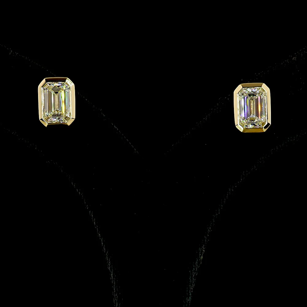 14K Yellow Gold Emerald Cut Lab Diamond Bezel Set Stud Earrings - 4.18 Carat Total Weight, IGI Certified D-E VVS1-VVS2 - Covaloro Fine Jewelry