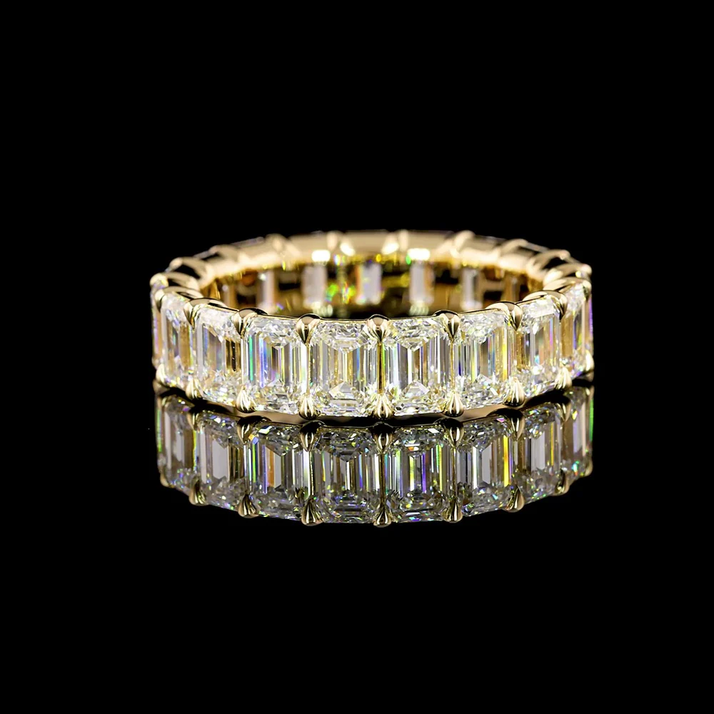 14K Yellow Gold Emerald Cut Lab Diamond Eternity Band - 5.10 Carat Total Weight with 19 Prong Set E-F VS1 Stones - Covaloro Fine Jewelry