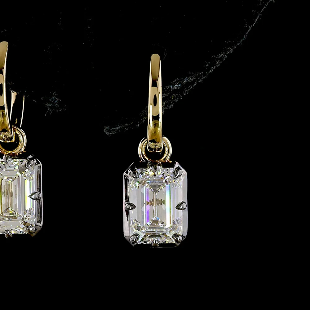 14K Yellow Gold Emerald Cut Lab Diamond Hanging Earrings - 3.15 Carat Total Weight, E-F VVS2 - Covaloro Fine Jewelry - Image 2