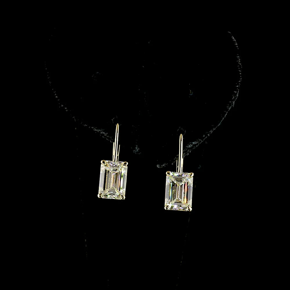 14K Yellow Gold Emerald Cut Lab Diamond Hanging Earrings with Brilliant Cut Accents - 8.42 Total Carat Weight - Covaloro Fine Jewelry