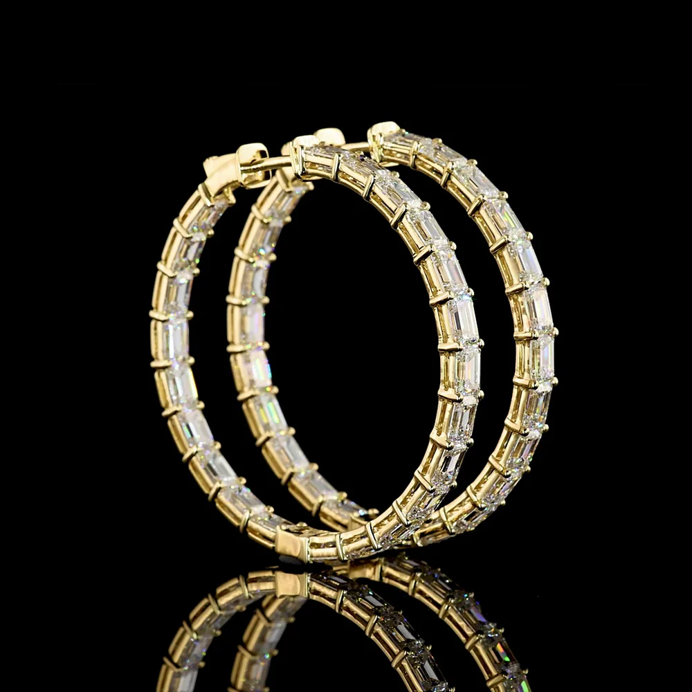 14K Yellow Gold Emerald Cut Lab Diamond Hoop Earrings - 11.12 Carat Total Weight, East-West Prong Setting, E-F VS Clarity - Covaloro Fine Jewelry