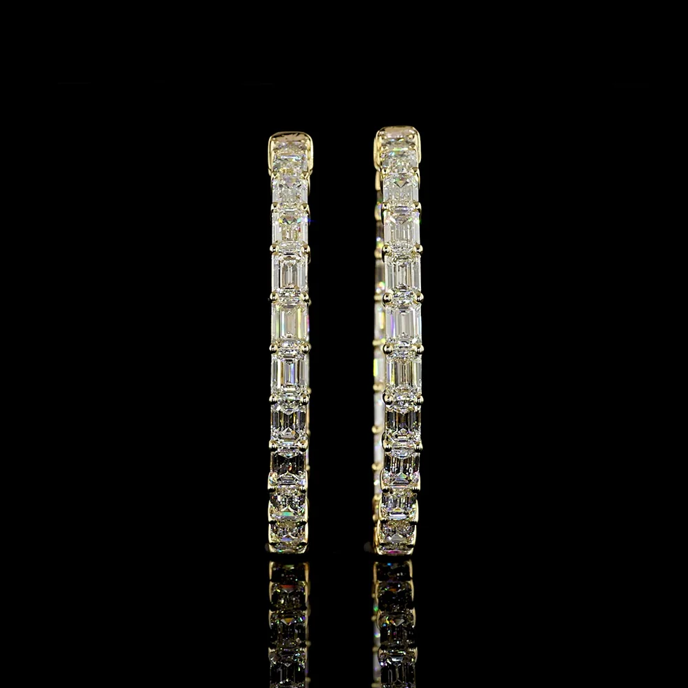 14K Yellow Gold Emerald Cut Lab Diamond Hoop Earrings - 11.12 Carat Total Weight, East-West Prong Setting, E-F VS Clarity - Covaloro Fine Jewelry - Image 2