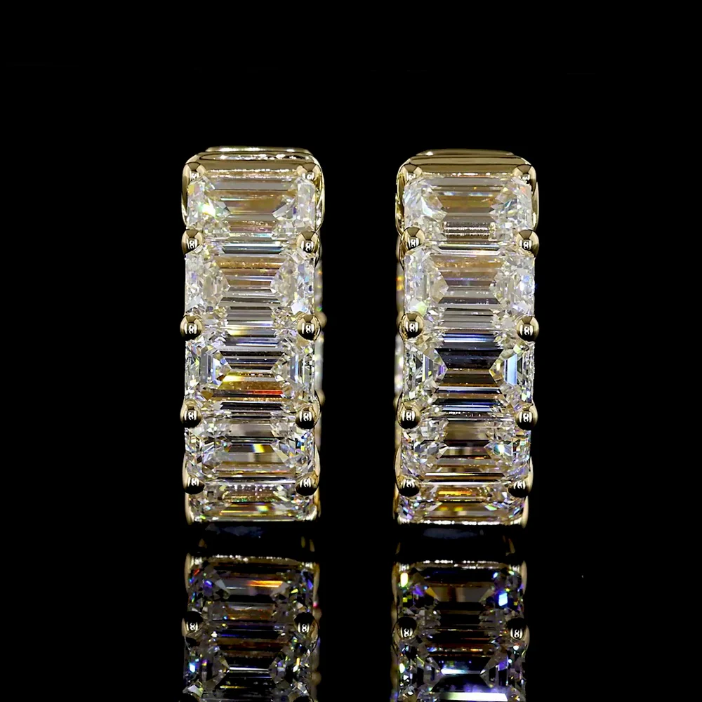 14K Yellow Gold Emerald Cut Lab Diamond Huggie Earrings - 5.18 Carat Total Weight, 16 Stones, E-F Color VS Clarity - Covaloro Fine Jewelry - Image 2
