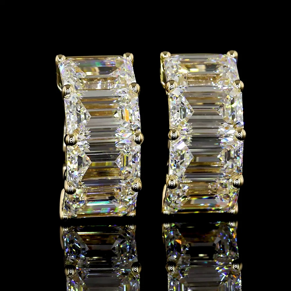 14K Yellow Gold Emerald Cut Lab Diamond Huggie Earrings - 6.08 Carats Total Diamond Weight (E-F Color, VS Clarity) - Covaloro Fine Jewelry