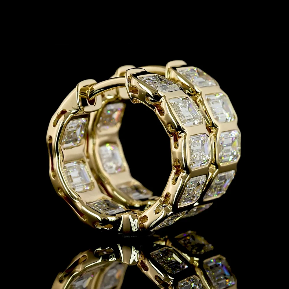 14K Yellow Gold Emerald Cut Lab Diamond Huggie Earrings with Bezel Setting - 3.59 Carat Total Weight (F VS1) - Covaloro Fine Jewelry