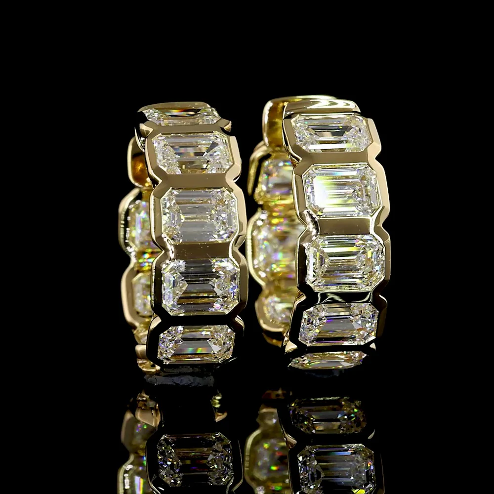 14K Yellow Gold Emerald Cut Lab Diamond Huggie Earrings with Bezel Settings - 3.61 Carat Total Diamond Weight (E-F Color, VS Clarity) - Covaloro Fine Jewelry