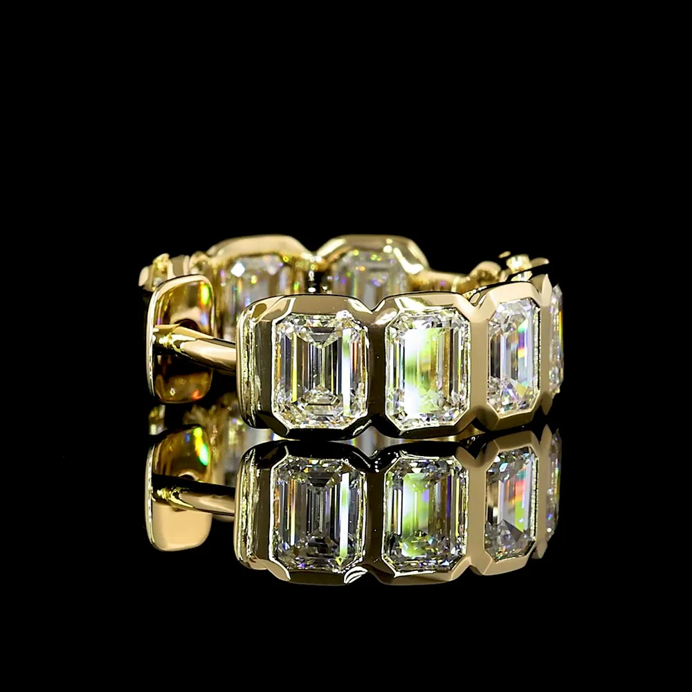 14K Yellow Gold Emerald Cut Lab Diamond Huggie Earrings with Bezel Settings - 3.61 Carat Total Diamond Weight (E-F Color, VS Clarity) - Covaloro Fine Jewelry - Image 3