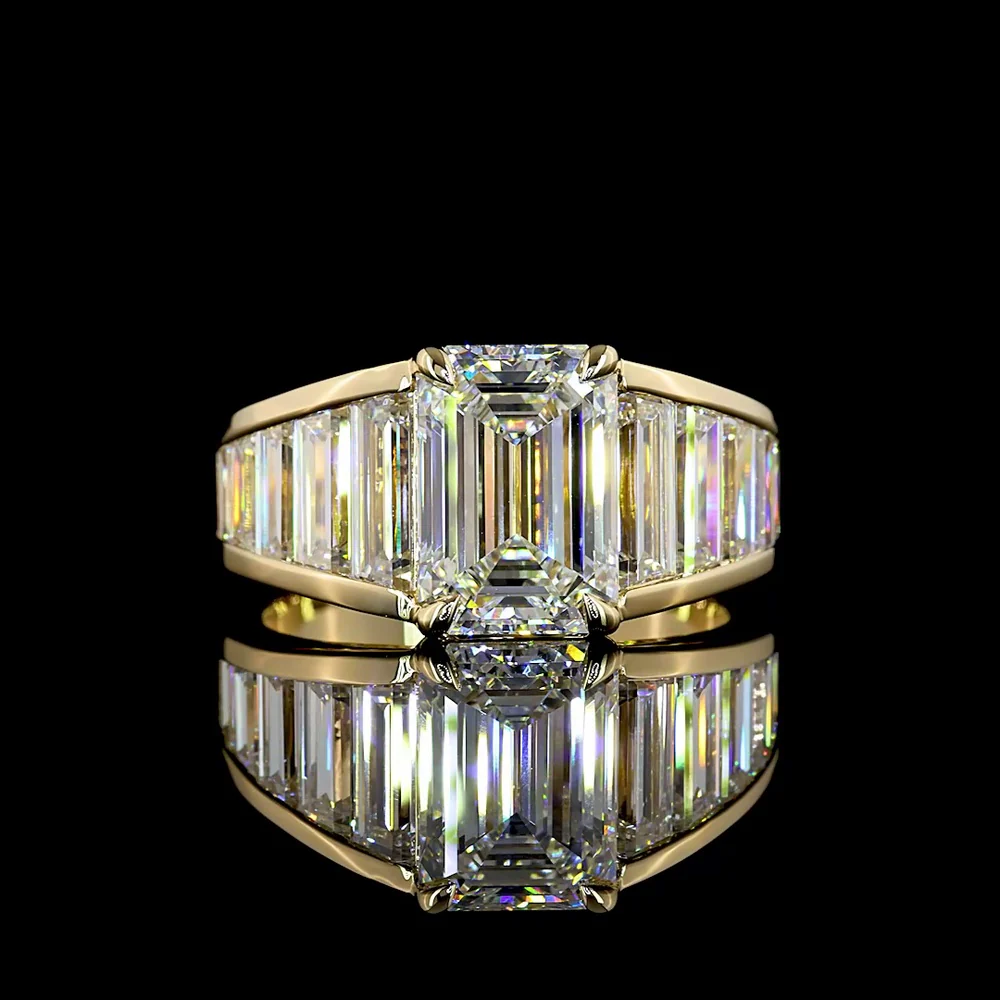 14K Yellow Gold Emerald Cut Lab Diamond Ring with Graduated Baguette Side Stones - 5.84 Carats Total Diamond Weight - Covaloro Fine Jewelry