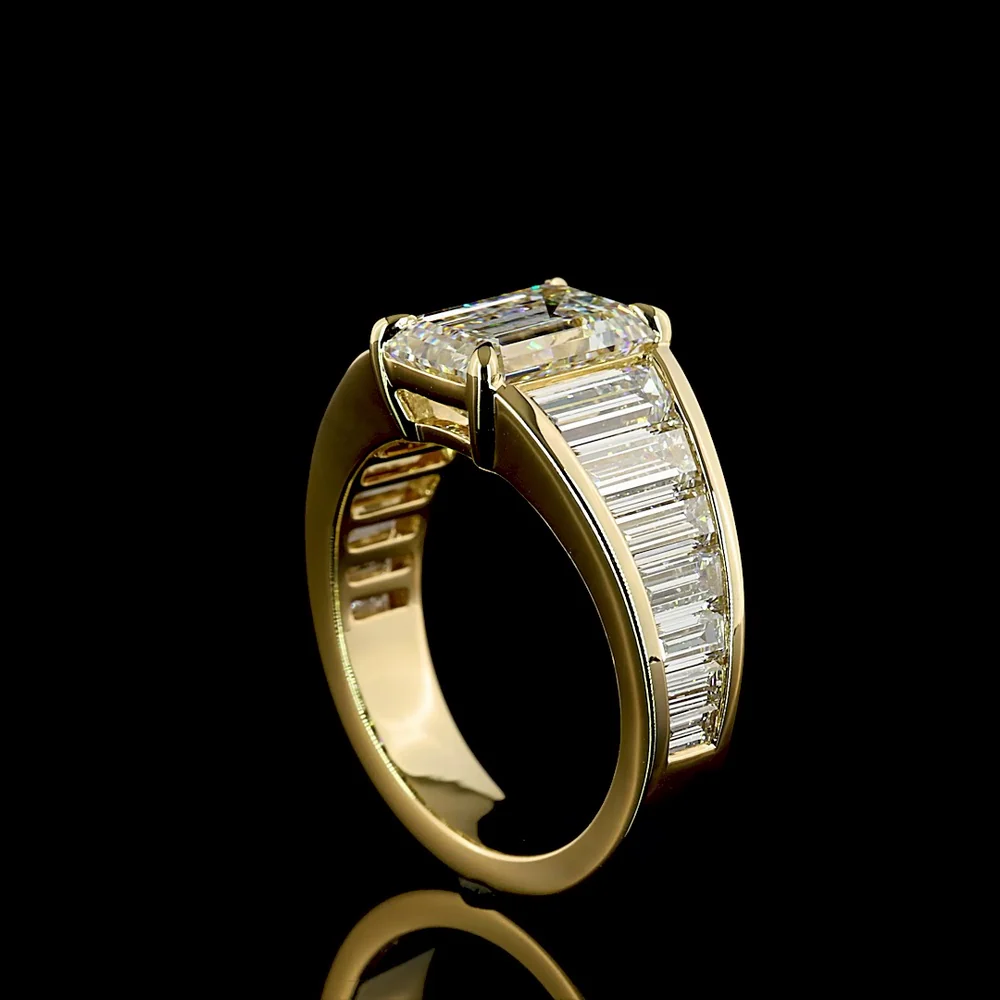 14K Yellow Gold Emerald Cut Lab Diamond Ring with Graduated Baguette Side Stones - 5.84 Carats Total Diamond Weight - Covaloro Fine Jewelry - Image 3