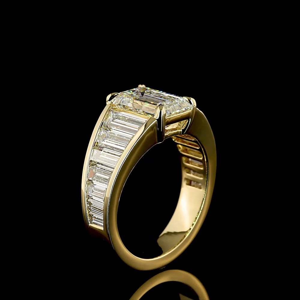 14K Yellow Gold Emerald Cut Lab Diamond Ring with Graduated Baguette Side Stones - 5.84 Carats Total Diamond Weight - Covaloro Fine Jewelry - Image 4