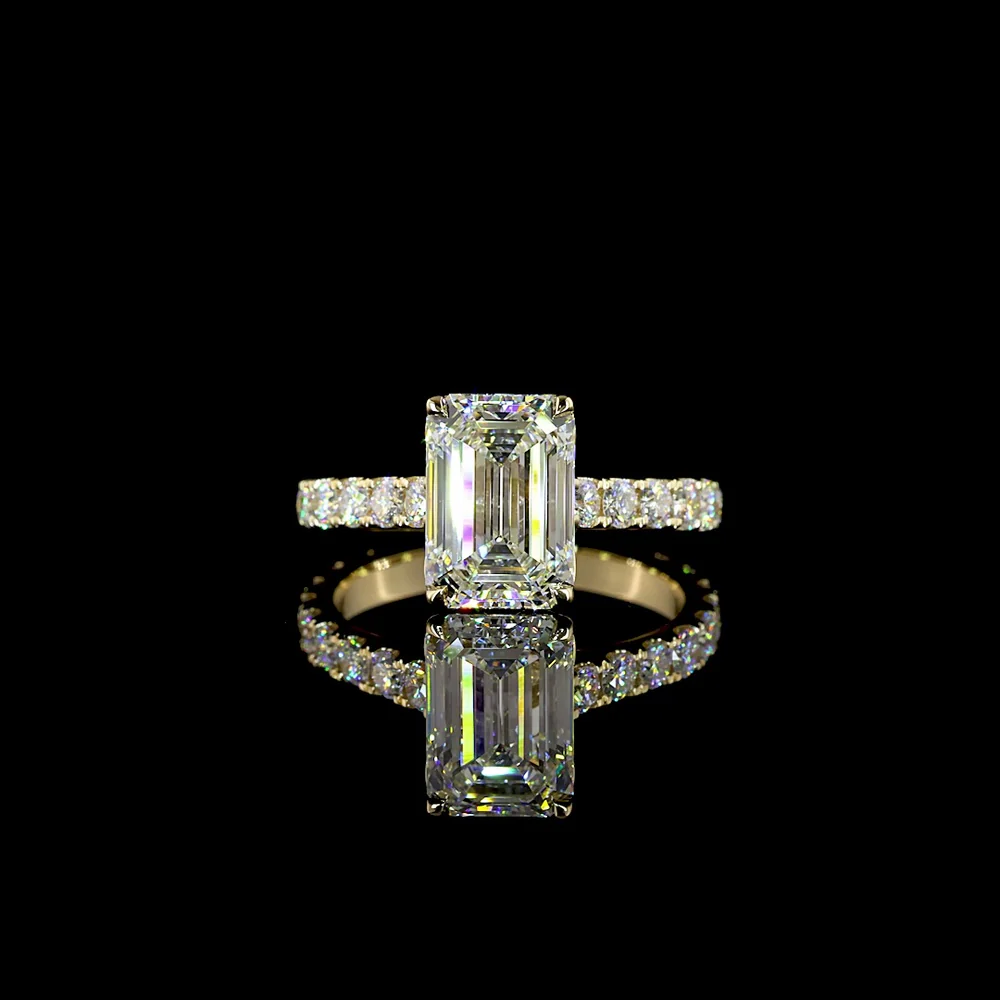 14K Yellow Gold Emerald Cut Lab Diamond Solitaire Shank Ring with Pave Band - 3.04 Carats Center, 4.04 Carats Total Diamond Weight, E VVS2 IGI Certified - Covaloro Fine Jewelry
