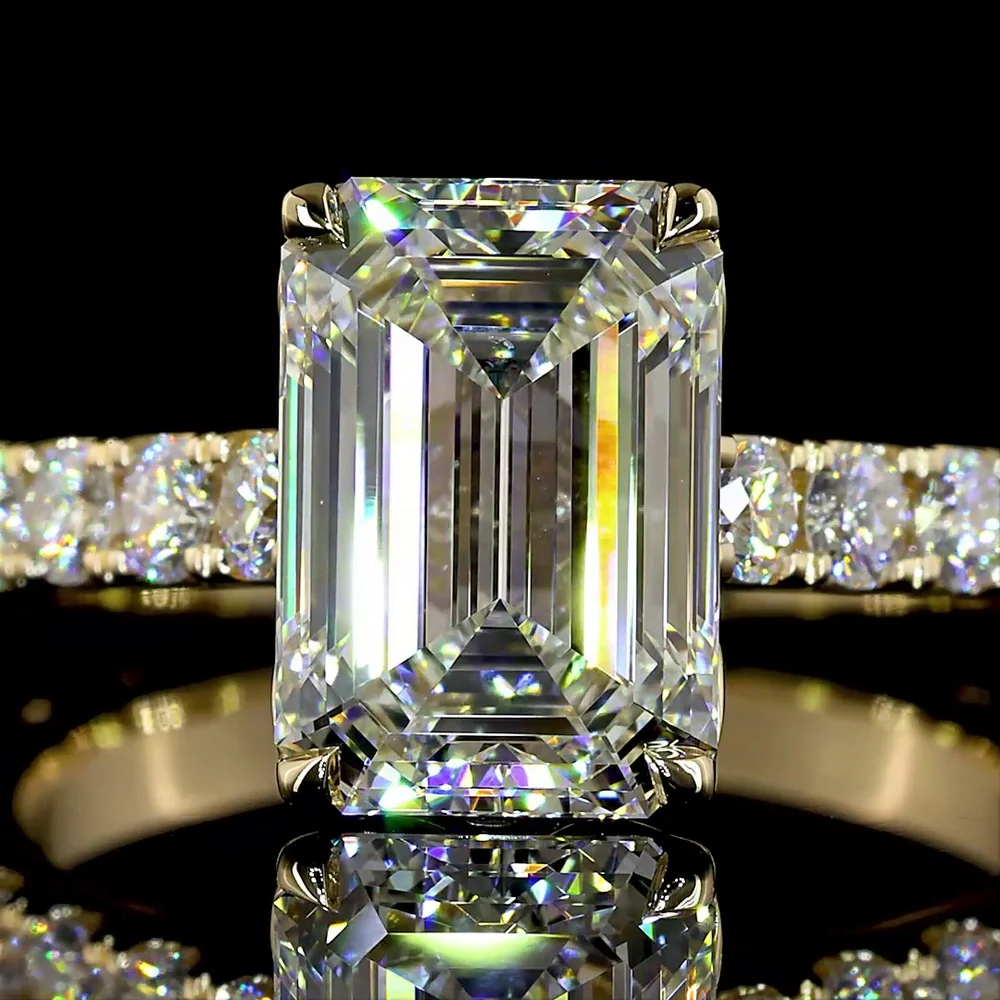 14K Yellow Gold Emerald Cut Lab Diamond Solitaire Shank Ring with Pave Band - 3.04 Carats Center, 4.04 Carats Total Diamond Weight, E VVS2 IGI Certified - Covaloro Fine Jewelry - Image 2