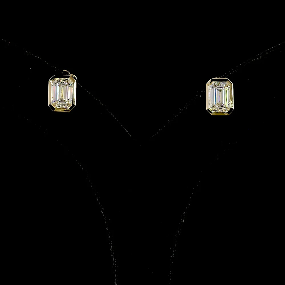 14K Yellow Gold Emerald Cut Lab Diamond Stud Earrings - 3.01 Carats Total Diamond Weight (Bezel Set, North-South Orientation, IGI Certified) - Covaloro Fine Jewelry
