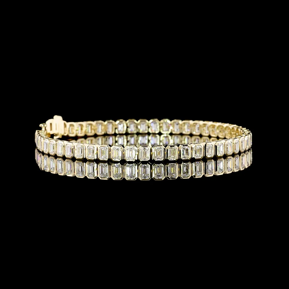 14K Yellow Gold Emerald Cut Lab Diamond Tennis Bracelet with Bezel Setting - 7.29 Total Carat Weight (50 Stones, E-F Color, VS Clarity) - Covaloro Fine Jewelry
