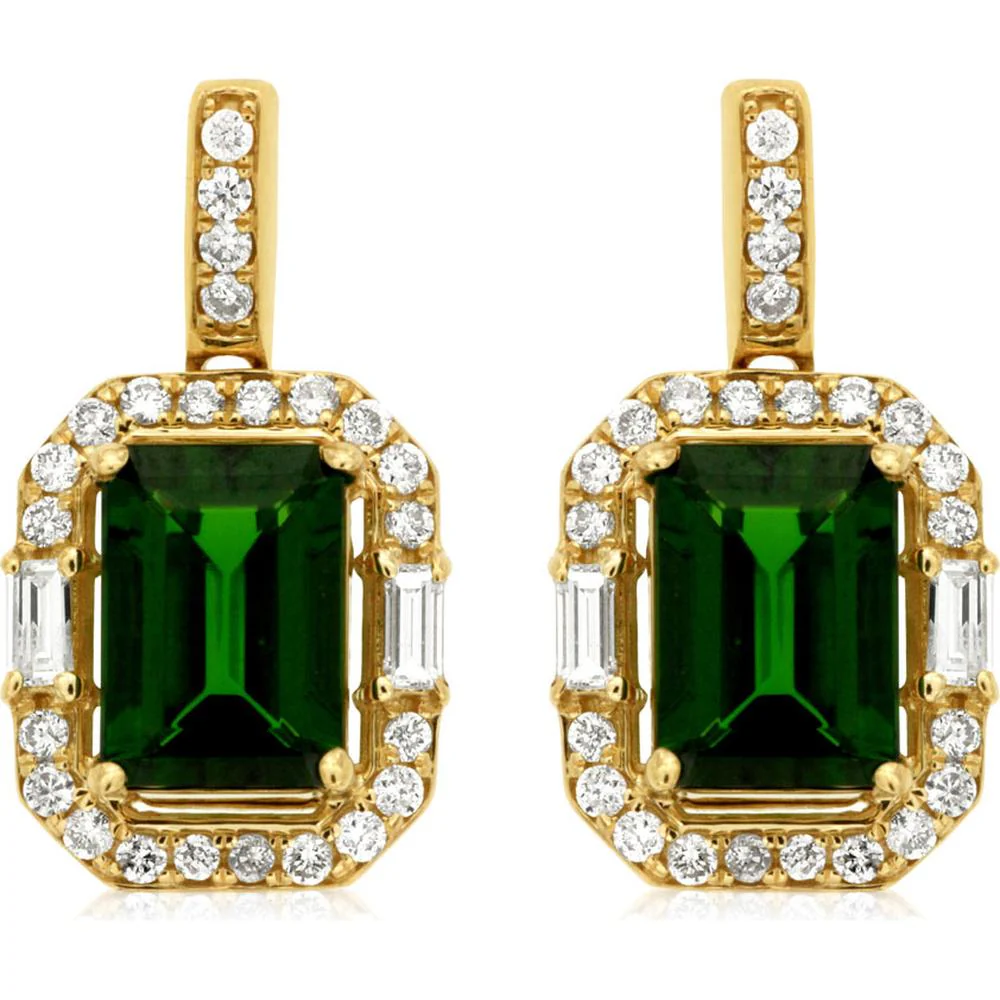 14K Yellow Gold Emerald-Cut Russalite and Diamond Drop Earrings with Baguette and Round Halo - 1.85 Carat Total Russalite, 0.36 Carat Total Diamond Weight - Royal Jewelry