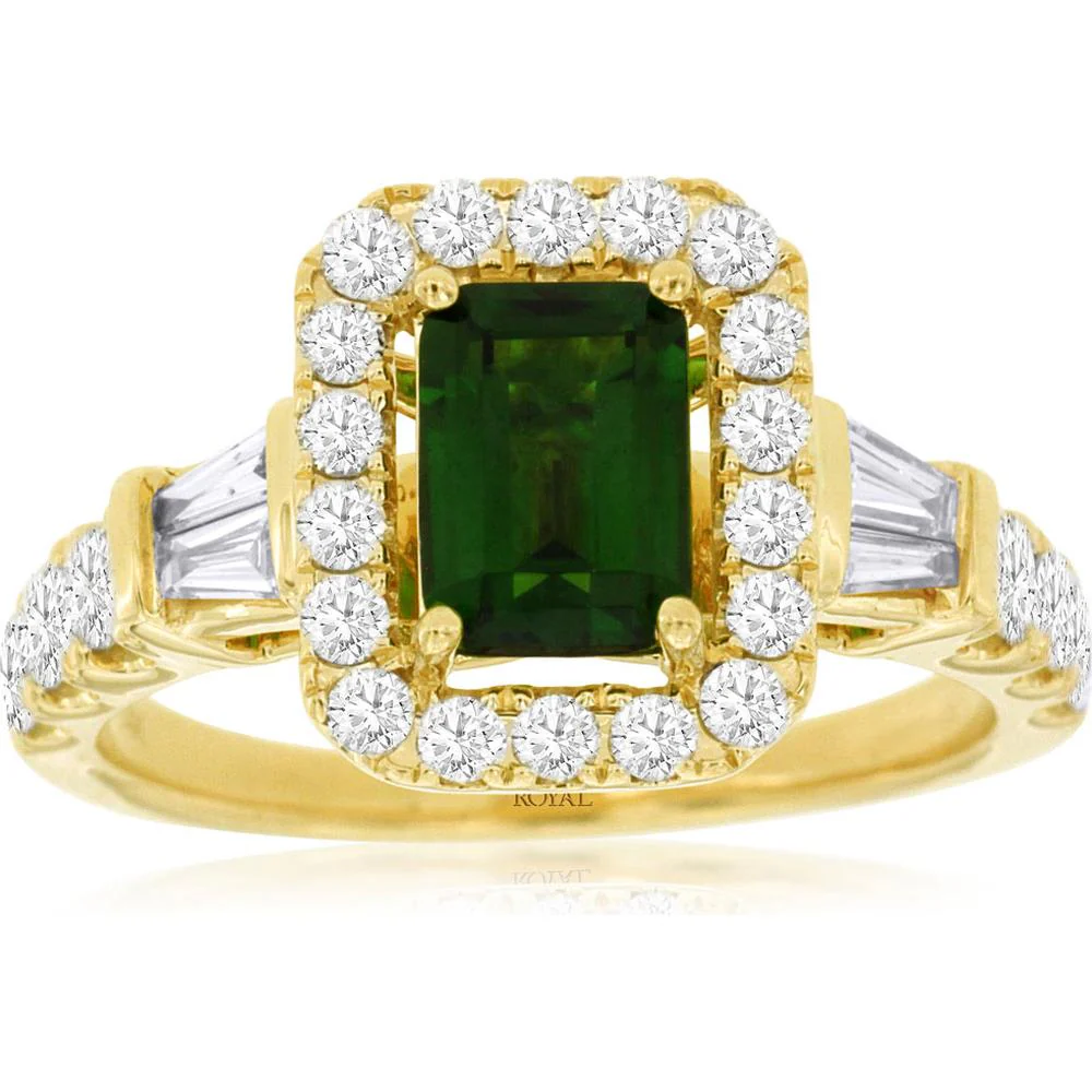 14K Yellow Gold Emerald Cut Russalite and Diamond Halo Ring with Round and Tapered Diamond Accents - 1.00 Carat Russalite and 0.88 Carat Total Diamond Weight - Royal Jewelry