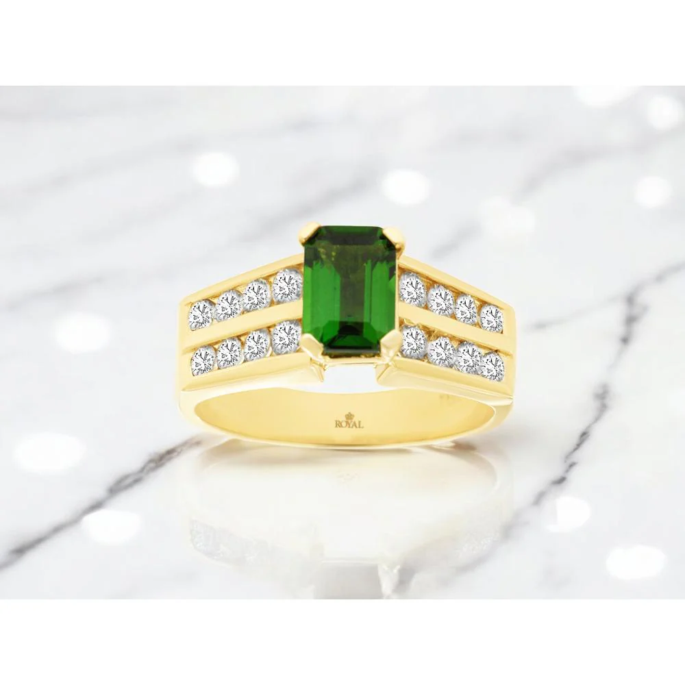 14K Yellow Gold Emerald Cut Russalite and Diamond Ring with Channel Set Round Diamonds - 1.00 Carat Russalite and 0.70 Carat Total Diamond Weight - Royal Jewelry - Image 2