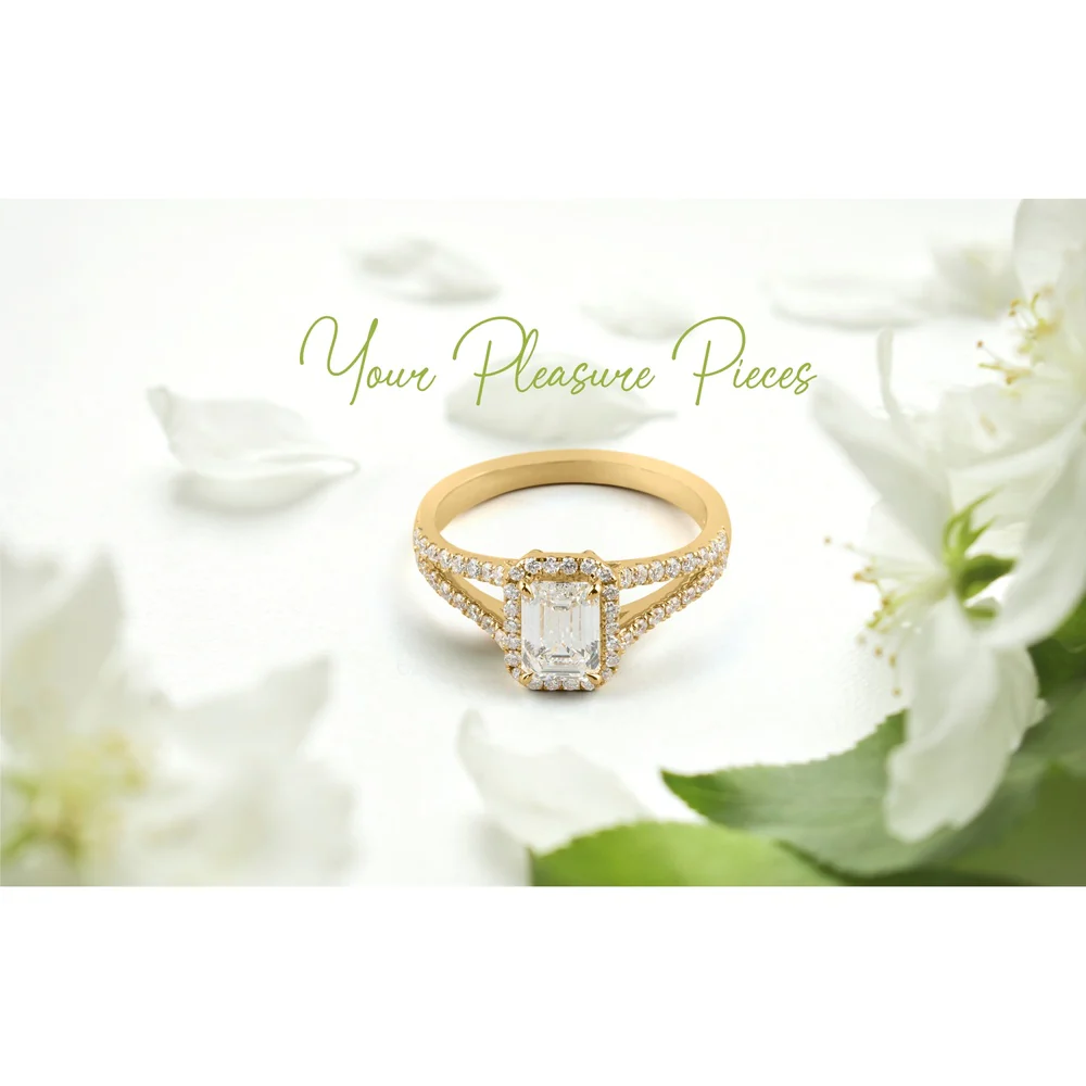 14K Yellow Gold Emerald Cut Split Shank Ring with 1.00 Carat Center Lab Diamond and 0.38 Carat Accent Diamonds - 1.38 Carat Total Weight - Covaloro Fine Jewelry