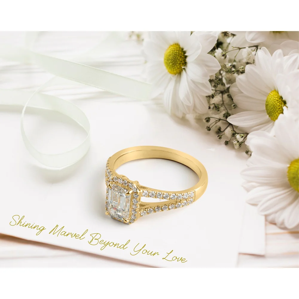 14K Yellow Gold Emerald Cut Split Shank Ring with GIA Certified 1.08 Carats D VVS1 Lab Diamond Center and 0.34 Carats Brilliant Round Lab Diamond Accents - Covaloro Fine Jewelry - Image 2