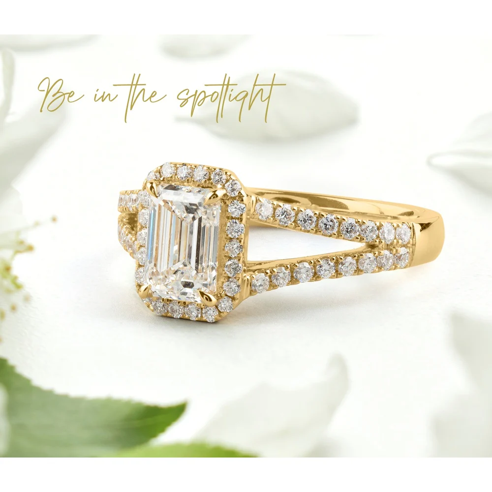 14K Yellow Gold Emerald Cut Split Shank Ring with GIA Certified 1.08 Carats D VVS1 Lab Diamond Center and 0.34 Carats Brilliant Round Lab Diamond Accents - Covaloro Fine Jewelry - Image 3