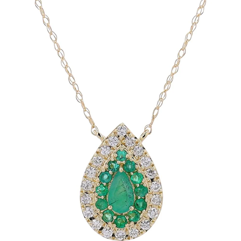 14K Yellow Gold Emerald Drop Pendant with Diamond Halo - 0.35 - 0.45 Carat Emerald, 0.17 Carat Total Diamond Weight