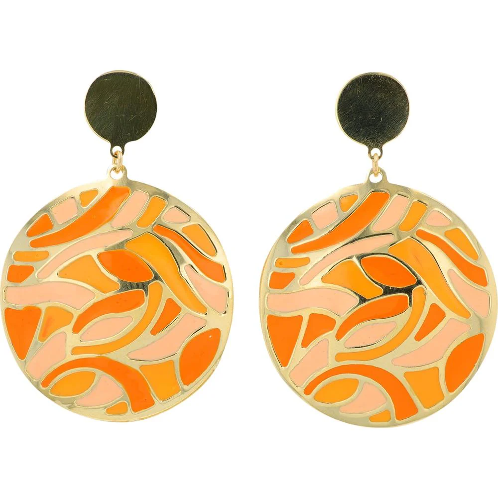 14K Yellow Gold Enamel Disc Earrings with Vibrant Pink and Orange Enamel Accents - 4.80 Gram Total Weight