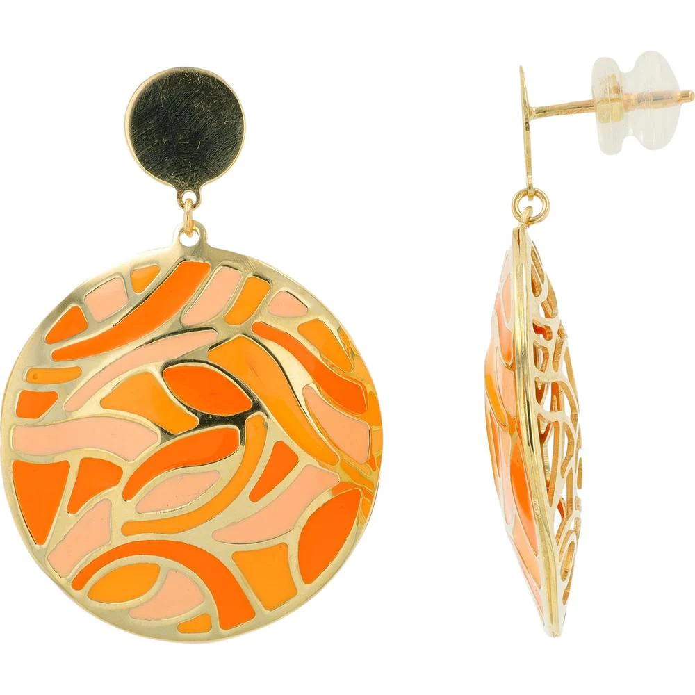 14K Yellow Gold Enamel Disc Earrings with Vibrant Pink and Orange Enamel Accents - 4.80 Gram Total Weight - Image 2