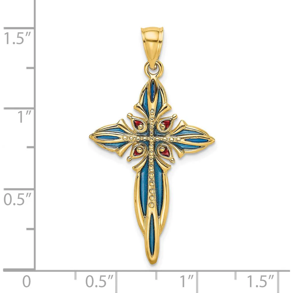 14K Yellow Gold Enameled Cross Charm Pendant with Blue and Red Enamel Accents by Oro Pregiato - Image 3