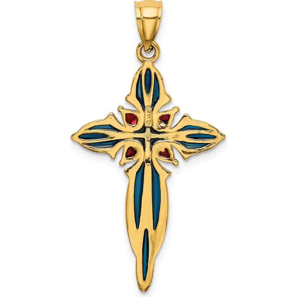 14K Yellow Gold Enameled Cross Charm Pendant with Blue and Red Enamel Accents by Oro Pregiato - Image 4
