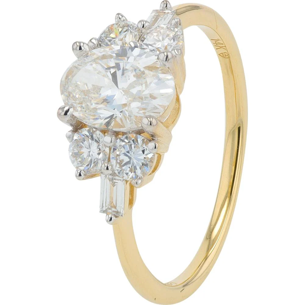 14K Yellow Gold Engagement Ring with 1.00 Carat Oval Lab Grown Diamond Center and 0.50 Carats Round & Baguette Accents