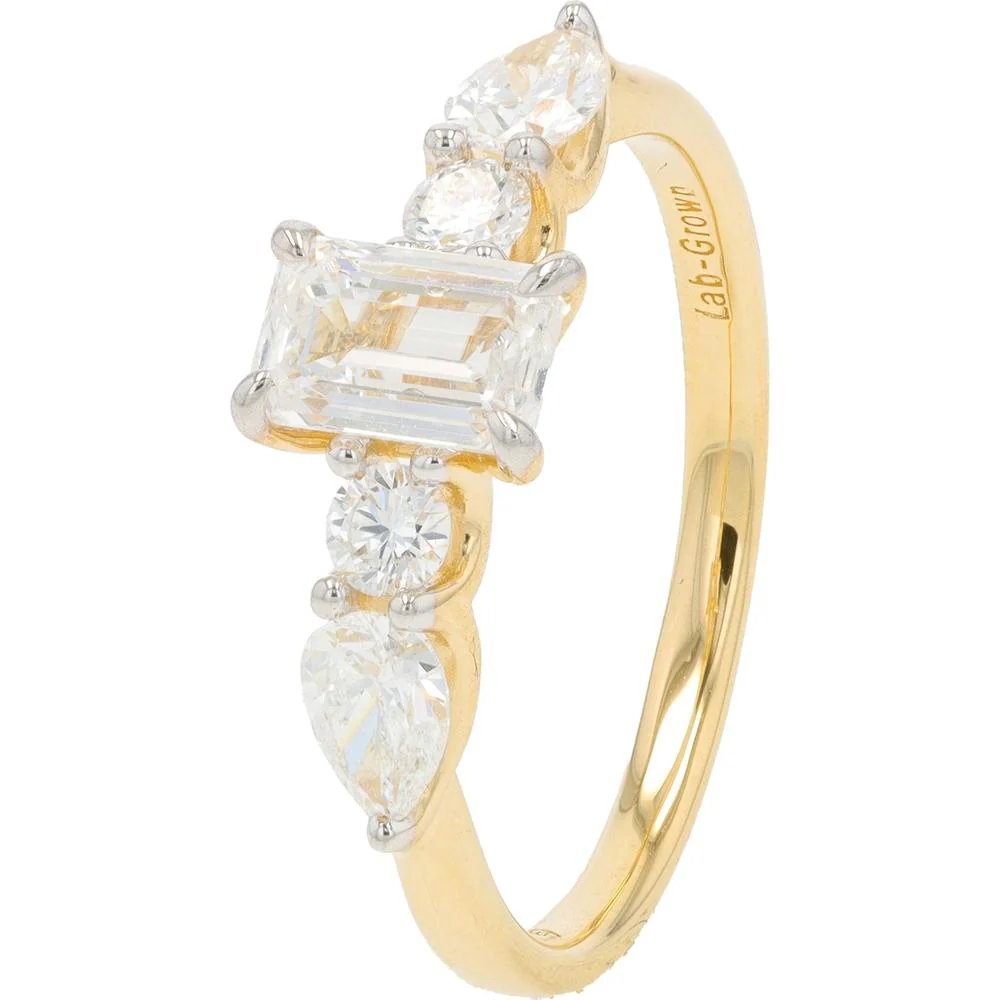 14K Yellow Gold Engagement Ring with 1.25 Carat Lab Grown Emerald Cut Diamond and Round & Pear Accents