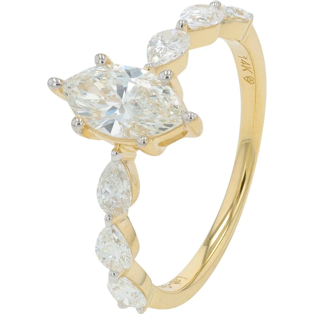 14K Yellow Gold Engagement Ring with 1.50 Carat Lab Grown Marquise Diamond and Pear Shaped Diamond Accents